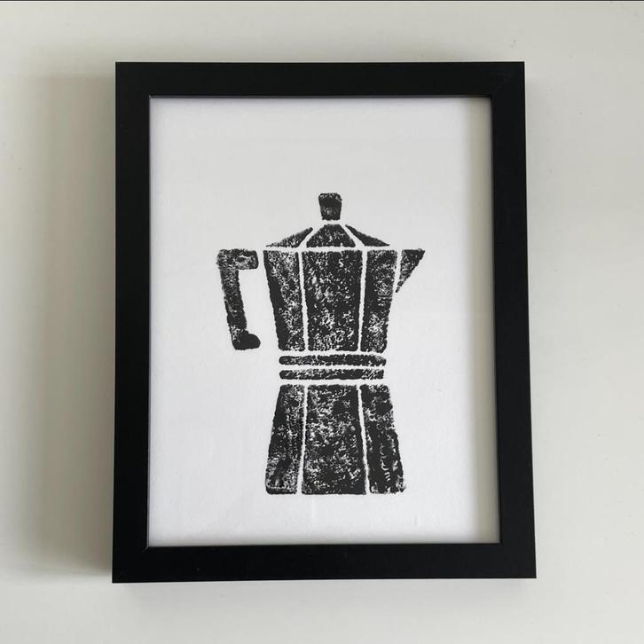 Schilderijtje Koffiepercolator afdruk Linosnede -cadeau idee, Huis en Inrichting, Woonaccessoires | Schilderijen, Tekeningen en Foto's