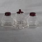 Oud peper, zout en mosterd stel van glas en bakeliet, Antiek en Kunst, Ophalen