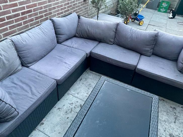 Loungeset Hoekopstelling met Hocker en Tafel, Tuin en Terras, Tuinsets en Loungesets, Gebruikt, Loungeset, Wicker, Meer dan 8 zitplaatsen