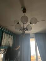 Grote koperen hanglamp met 6 witte bollen, Ophalen, Gebruikt