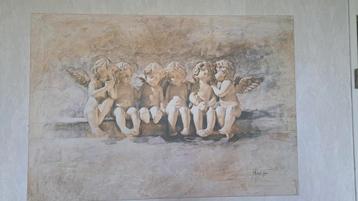 Schilderij: 6 Engeltjes op Beige Canvas beschikbaar voor biedingen