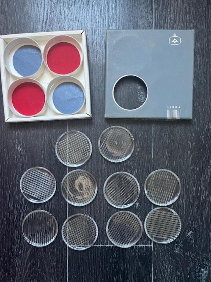 Tien persglazen kelkebakjes (onderzetters), Libra, Leerdam., Antiek en Kunst, Curiosa en Brocante, Ophalen of Verzenden