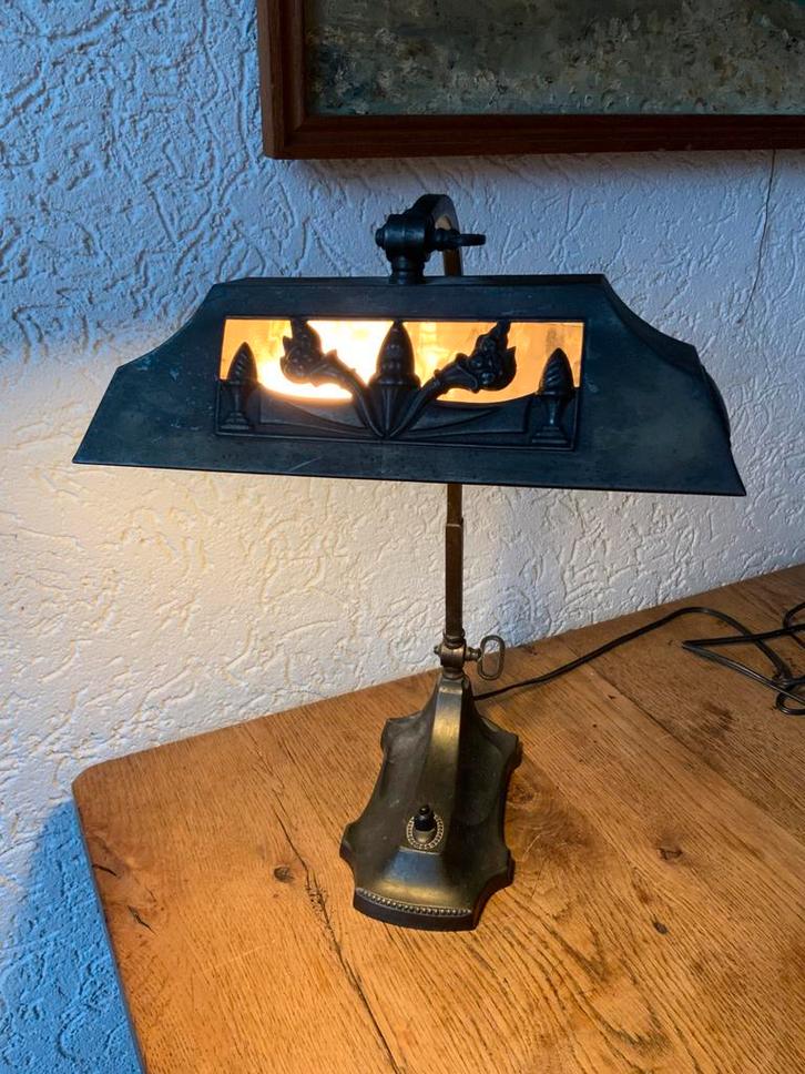 Antieke Jugendstil Metalen Staande Lamp Pianolamp Ajourkap, Antiek en Kunst, Antiek | Lampen, Ophalen of Verzenden