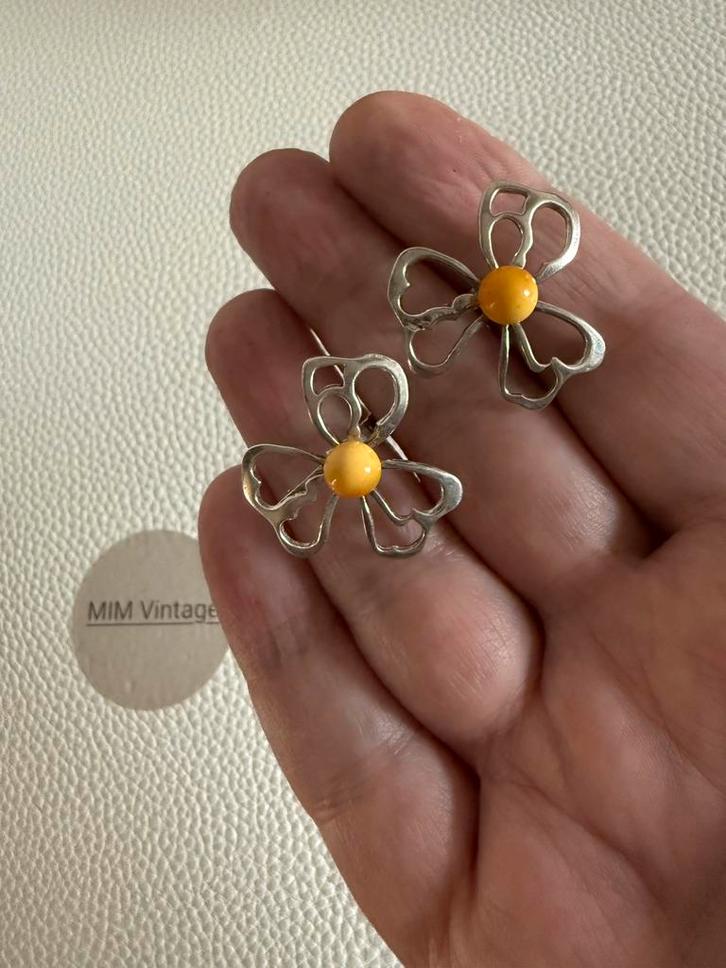 M246/Bijzondere Zilveren Amber Bloemen oorbellen, Sieraden, Tassen en Uiterlijk, Oorbellen, Gebruikt, Zilver, Zilver, Verzenden