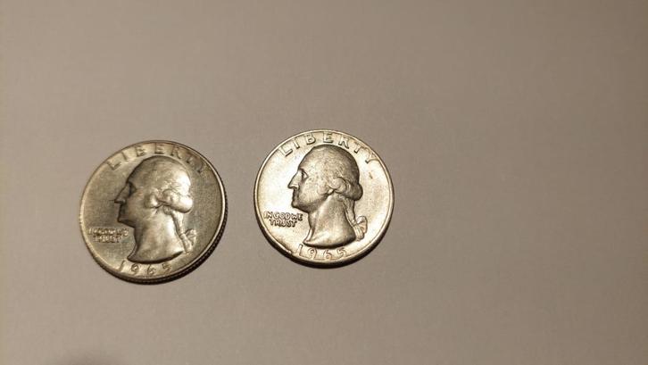 2 Quarter Dollar munten  uit 1965., Postzegels en Munten, Munten | Amerika, Losse munt, Noord-Amerika, Zilver, Verzenden