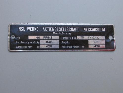 DIV 059 NSU Prinz III (40) bouwjaar 1960 metalen typeplaatje, Verzamelen, Automerken, Motoren en Formule 1, Gebruikt, Auto's, Ophalen of Verzenden