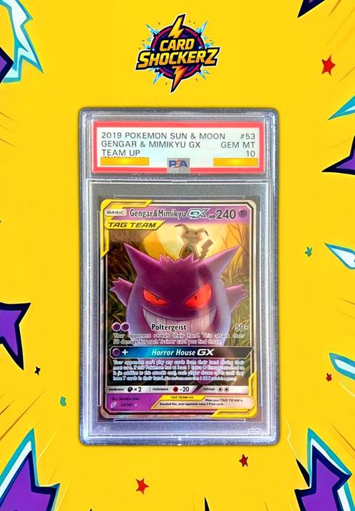 🟣 GENGAR & MIMIKYU GX #53 PSA 10 Team Up 🟣, Hobby en Vrije tijd, Verzamelkaartspellen | Pokémon, Nieuw, Losse kaart, Ophalen of Verzenden
