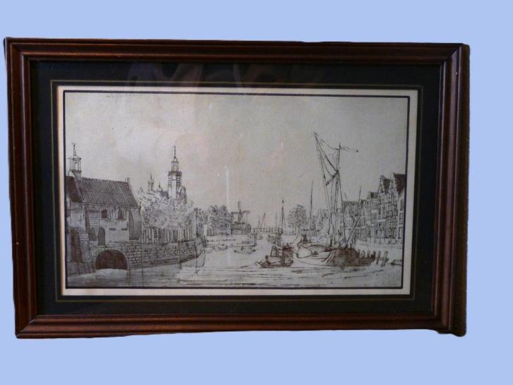 Pentekening "zicht op Delftshaven" in mooie houten lijst, Antiek en Kunst, Kunst | Tekeningen en Foto's, Ophalen of Verzenden
