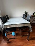 Glazen eettafel in modern design + 6 eetstoelen, Huis en Inrichting, Ophalen, 50 tot 100 cm, Zo goed als nieuw, Vijf personen of meer