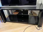 Zwart glazend tv meubel met glazen plank, Huis en Inrichting, Kasten | Televisiemeubels, Ophalen, Overige materialen, Gebruikt