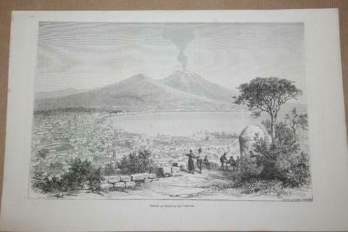 Antieke gravure - Napels en de Vesuvius - 1874 !!, Antiek en Kunst, Kunst | Etsen en Gravures, Ophalen of Verzenden