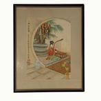 Schilderij met Oosterse print 42x34 cm. Japans vrouw harp, Antiek en Kunst, Kunst | Schilderijen | Klassiek, Ophalen of Verzenden