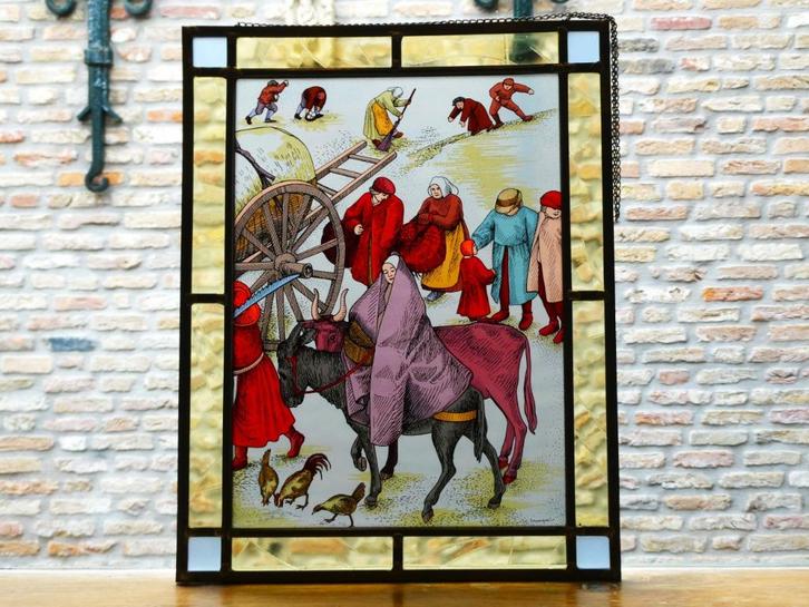 Glas in lood raamhanger Volkstelling Pieter Bruegel Maria, Antiek en Kunst, Antiek | Religie, Ophalen of Verzenden