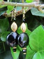 Oorbellen Golden Black Coin sardonyx-swarovski-kraal goud, Ophalen, Nieuw