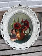 Schilderij met klaprozen en vintage klededrachtpoppetje, Antiek en Kunst, Kunst | Schilderijen | Klassiek, Ophalen of Verzenden