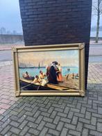Oude schilderijlijst met scène aan het water, Antiek en Kunst, Ophalen of Verzenden