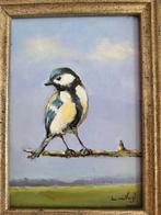 Olieverfschilderij in lijstje; koolmeesje op tak., Ophalen of Verzenden