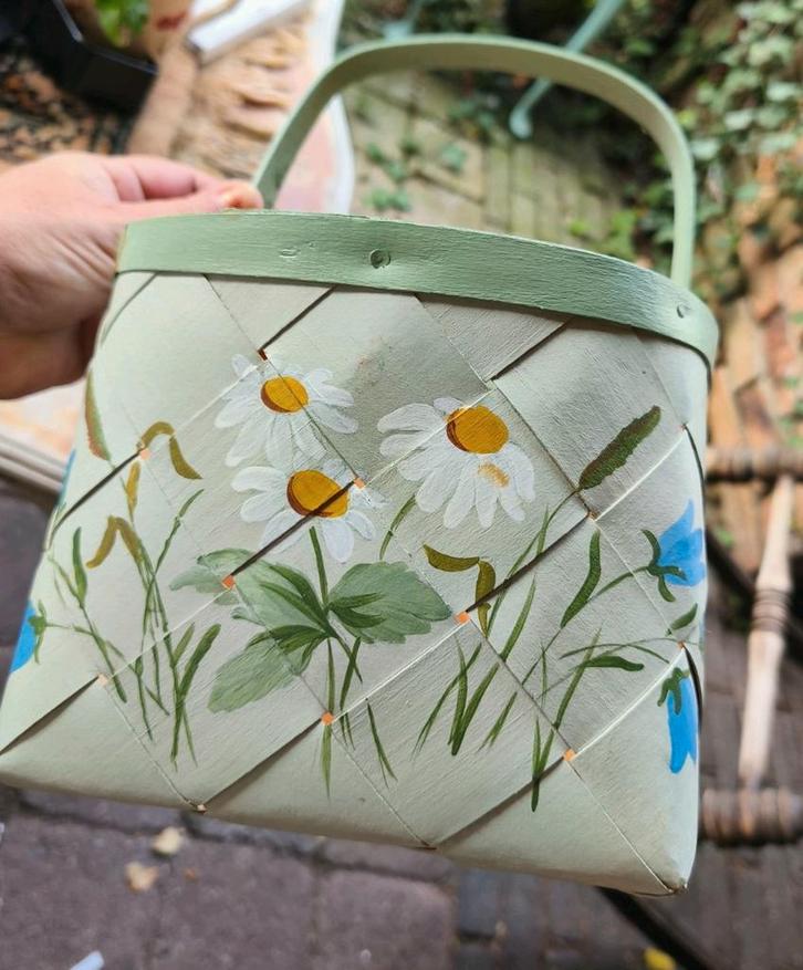 Vintage handbeschilderd mandje – berkenhout – Zweden 1992, Huis en Inrichting, Overige Huis en Inrichting, Zo goed als nieuw, Ophalen of Verzenden
