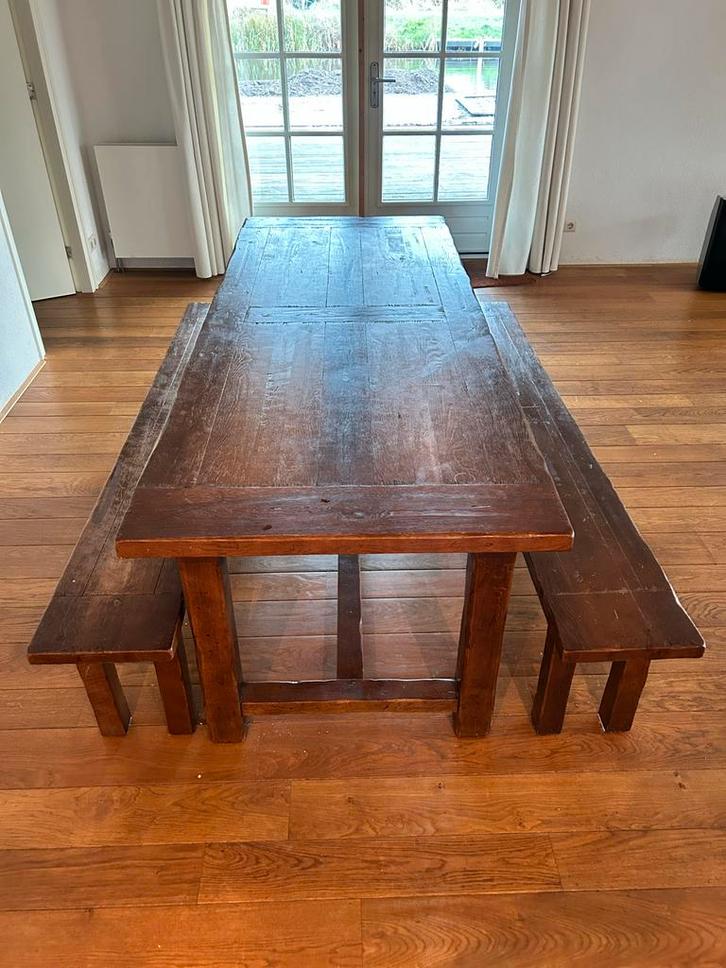 Eetkamertafel met bankjes - 220x85 cm, Antiek en Kunst, Antiek | Meubels | Tafels, Ophalen