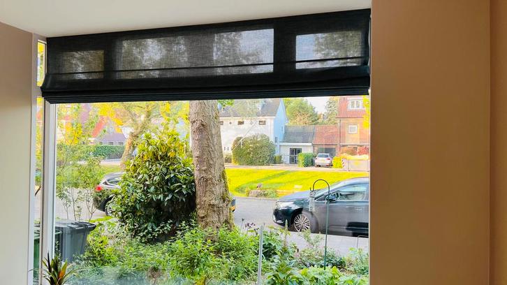 Vouwgordijn Donkerblauw/Grijs, Huis en Inrichting, Stoffering | Gordijnen en Lamellen, Zo goed als nieuw, 200 cm of meer, 200 cm of meer