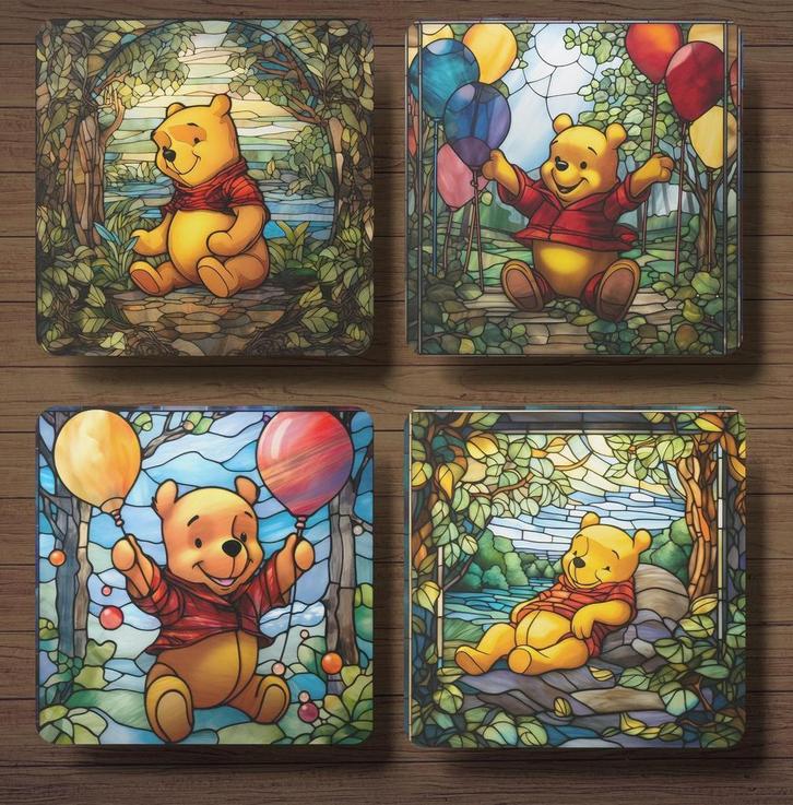 Winnie de Pooh Glas in Lood onderzetters met houder, Huis en Inrichting, Woonaccessoires | Onderzetters, Nieuw, Glas of Kopje