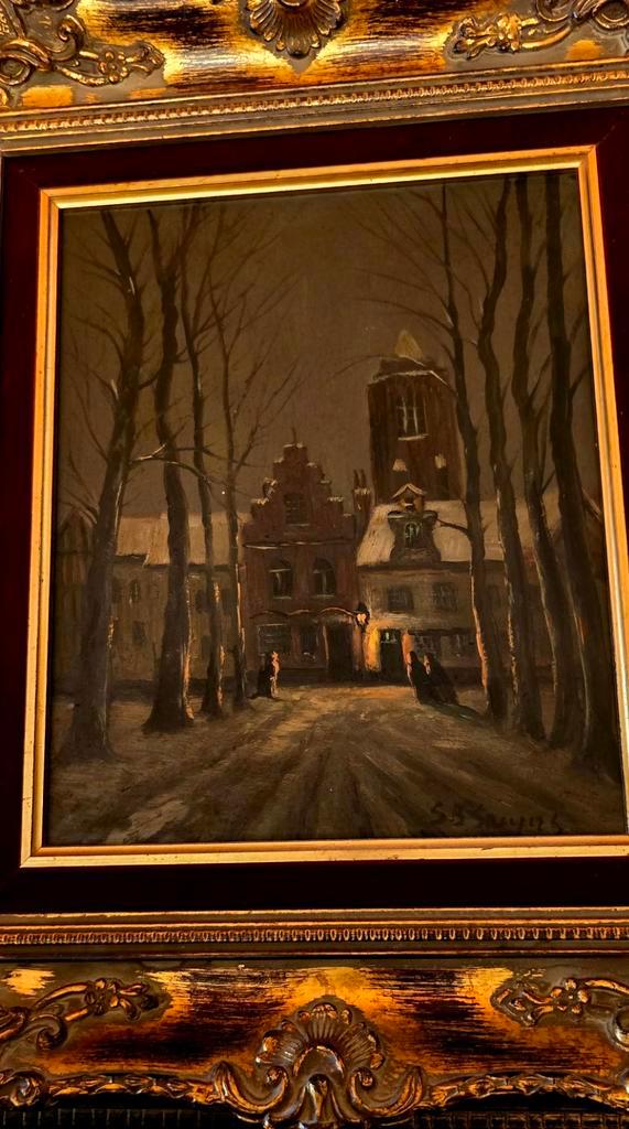 Oud schilderij, winters stadsgezicht, Antiek en Kunst, Kunst | Schilderijen | Klassiek, Ophalen of Verzenden