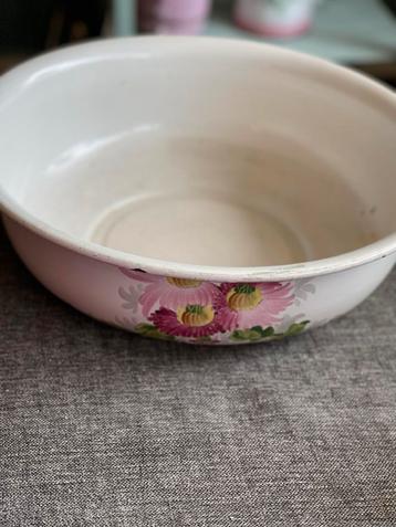 Vintage Emaille Wastafel met Bloemen beschikbaar voor biedingen