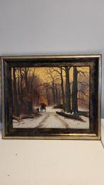 Schilderij: "hout sprokkelen in besneeuwd bos", Antiek en Kunst, Kunst | Schilderijen | Klassiek, Ophalen of Verzenden