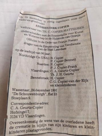 Overlijdensadvertentie Andries Copier  beschikbaar voor biedingen