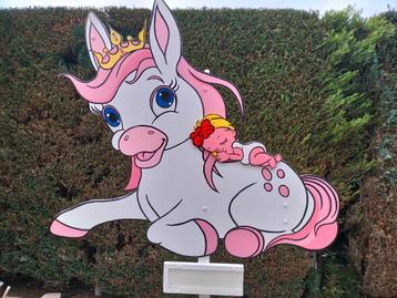 Geboortebord o.a. roze paardje met kroon en baby goedkoopst. beschikbaar voor biedingen