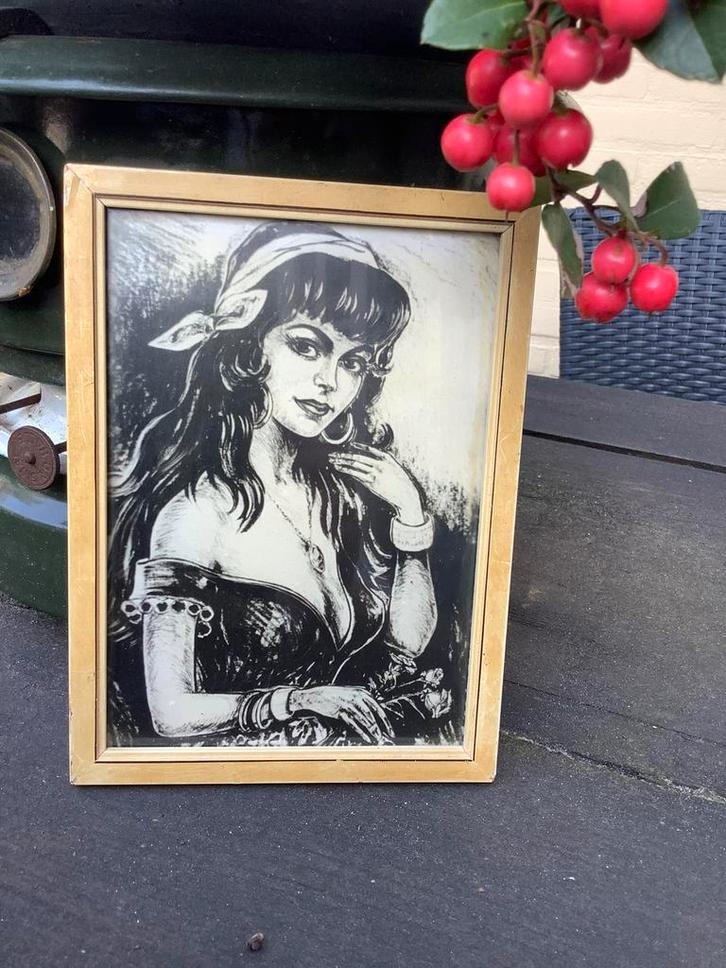 Brocante prent zigeunermeisje/gipsy girl fifties, Antiek en Kunst, Curiosa en Brocante, Ophalen of Verzenden