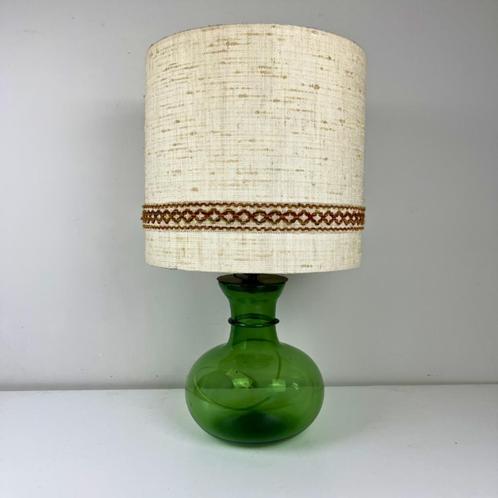vintage XL tafellamp groene glazen bolvoet en jute kap, Huis en Inrichting, Lampen | Tafellampen, Gebruikt, 50 tot 75 cm, Glas