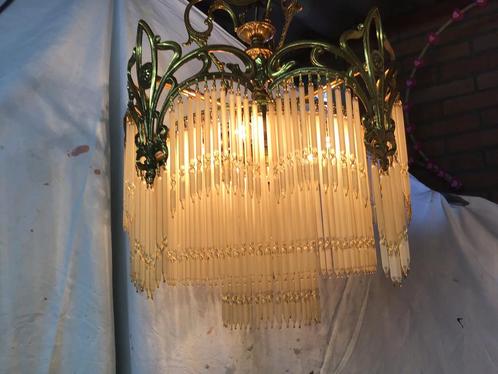 Kristallen Antieke lamp met pijp kristallen, Huis en Inrichting, Lampen | Plafondlampen, Gebruikt, Glas, Metaal, Ophalen