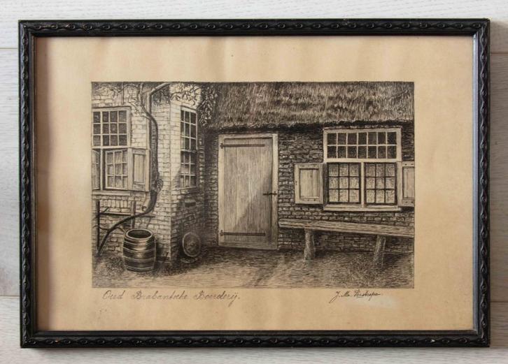 (nr.241) "Oud Brabantsche boerderij" in oude lijst. gesign., Antiek en Kunst, Kunst | Etsen en Gravures, Ophalen