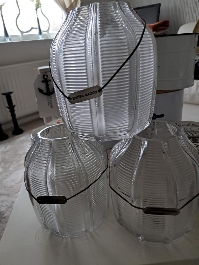 Riviera Maison windlichten 3 stuks kleur glas, Ophalen, Wit, Rond, Zo goed als nieuw