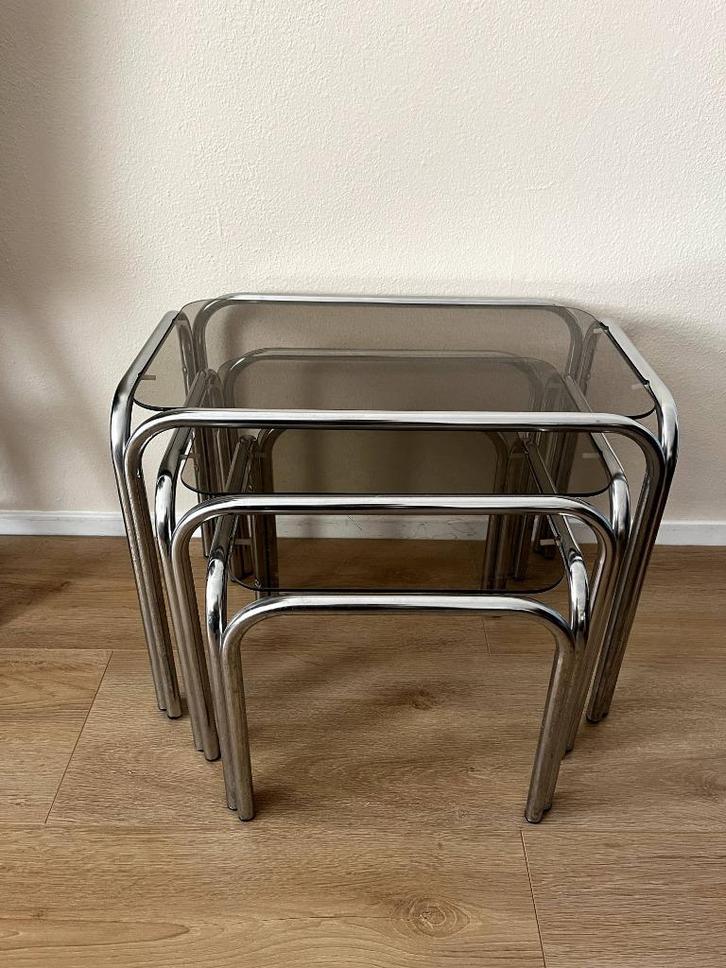 Space Age Tafeltjes Mimiset Bijzettafeltjes Rookglas Retro, Huis en Inrichting, Tafels | Bijzettafels, Gebruikt, Rond, 45 tot 60 cm