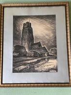 Kerktoren met Boerderijen , water en hooischelf, Antiek en Kunst, Kunst | Etsen en Gravures, Ophalen of Verzenden