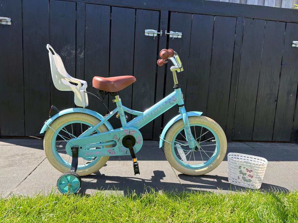 Supersuper Little Miss Kinderfiets 14 inch Turquoise, Ophalen, Zo goed als nieuw, Terugtraprem, 14 inch of minder
