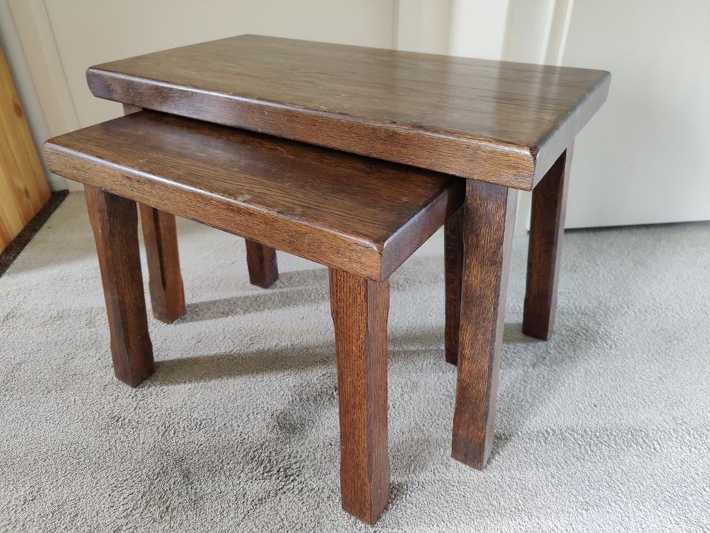 Set van twee bijzettafels, Huis en Inrichting, Tafels | Bijzettafels, Gebruikt, Rechthoekig, Minder dan 45 cm, 55 tot 75 cm, Hout