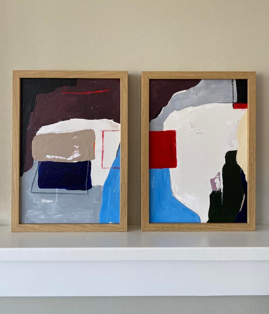 Tweeluik abstracte schilderijen 21x30 (A4) inclusief lijst, Ophalen of Verzenden