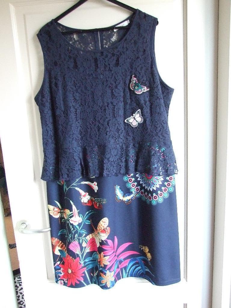 Paprika zgan jurk met kanten lijfje en vlinders 4 50, Blauw, Maat 46/48 (XL) of groter, Ophalen of Verzenden, Zo goed als nieuw