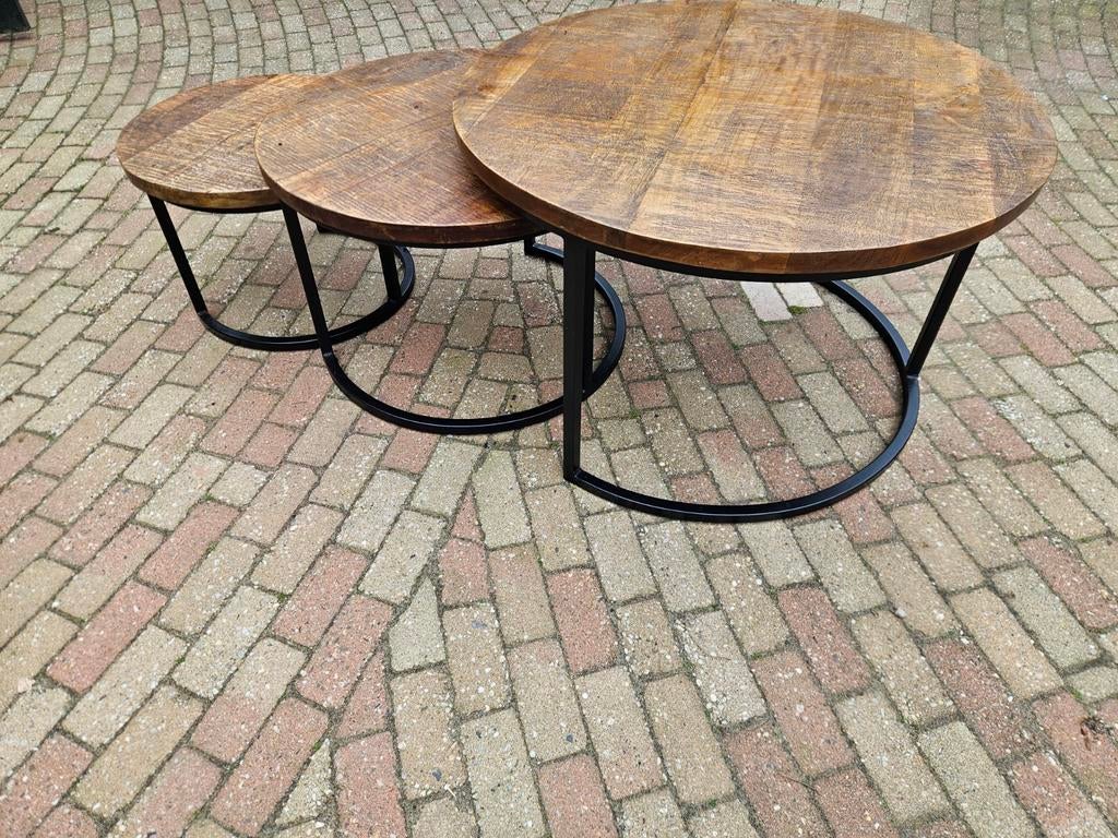 3  stuks zgan  industriële robuuste salontafels, Ophalen of Verzenden, Rond, 50 tot 100 cm, 50 tot 100 cm