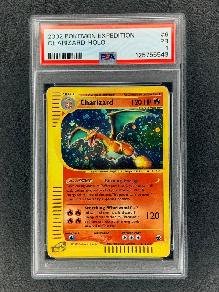 Charizard Expedition 6/165 Swirl PSA 1, Ophalen of Verzenden, Gebruikt, Losse kaart, Foil