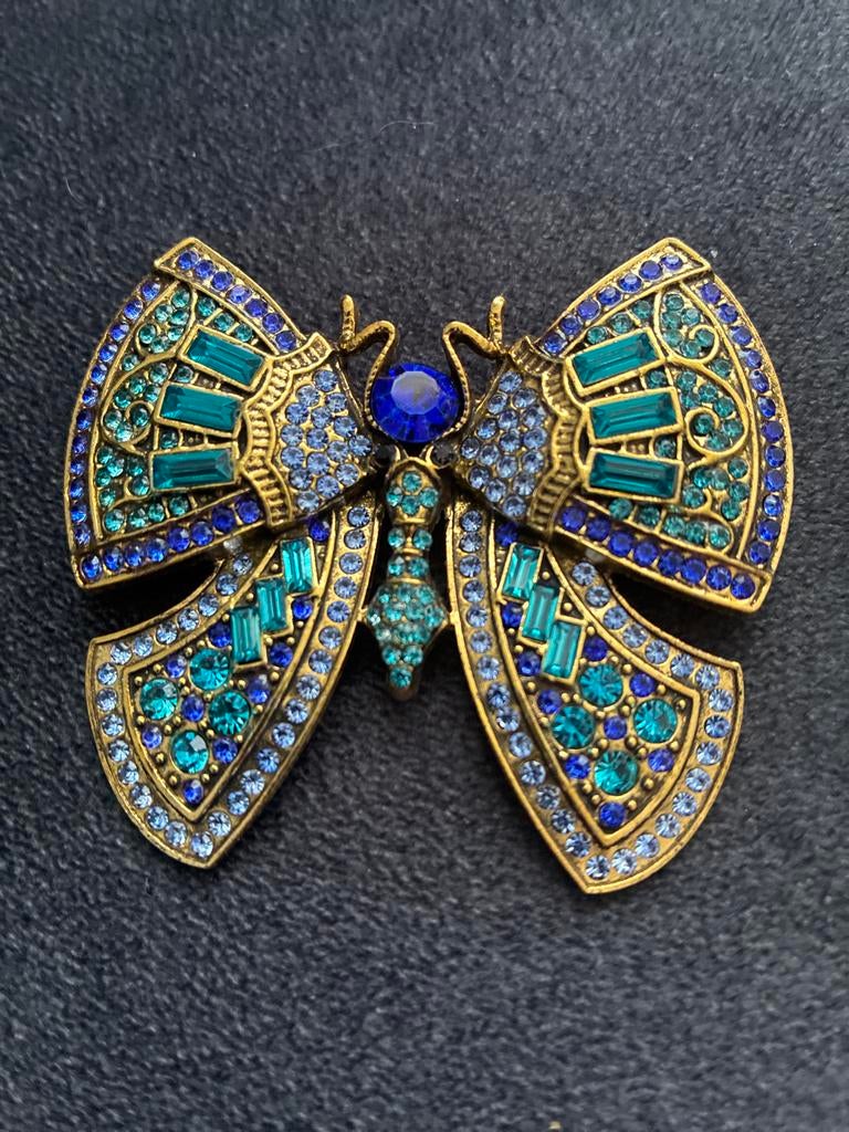 Vintage Vlinder Broche met Blauwe en Groene Kristallen, Met kristal, Overige materialen, 4 tot 7 cm, Ophalen of Verzenden