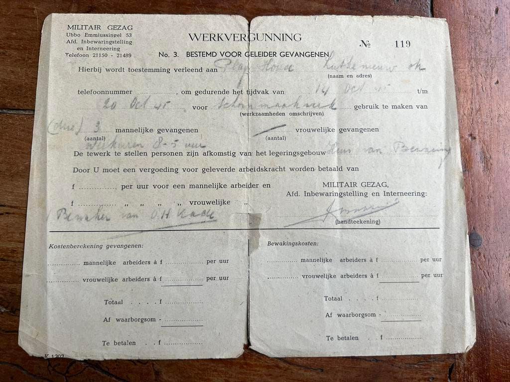 Nederlands werkvergunning Collabor Gevangenis Groningen 45, Verzamelen, Overige soorten, Ophalen of Verzenden, Nederland, Embleem of Badge