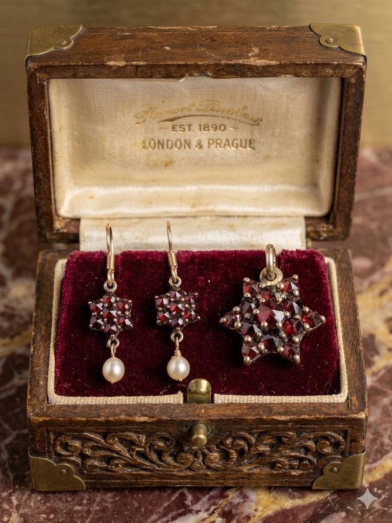 Antieke rosegouden vermeil oorbellen & hanger met granaten, Sieraden, Tassen en Uiterlijk, Antieke sieraden, Ophalen of Verzenden