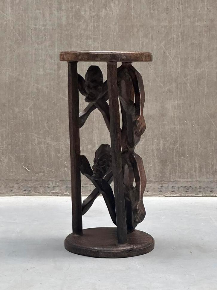 Vintage Afrikaanse Houten Kruk / Plantenstandaard - 60cm, Antiek en Kunst, Kunst | Beelden en Houtsnijwerken, Ophalen of Verzenden