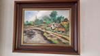 Schilderij dorpsgezicht met bootje en kerk, Antiek en Kunst, Kunst | Schilderijen | Klassiek, Ophalen of Verzenden