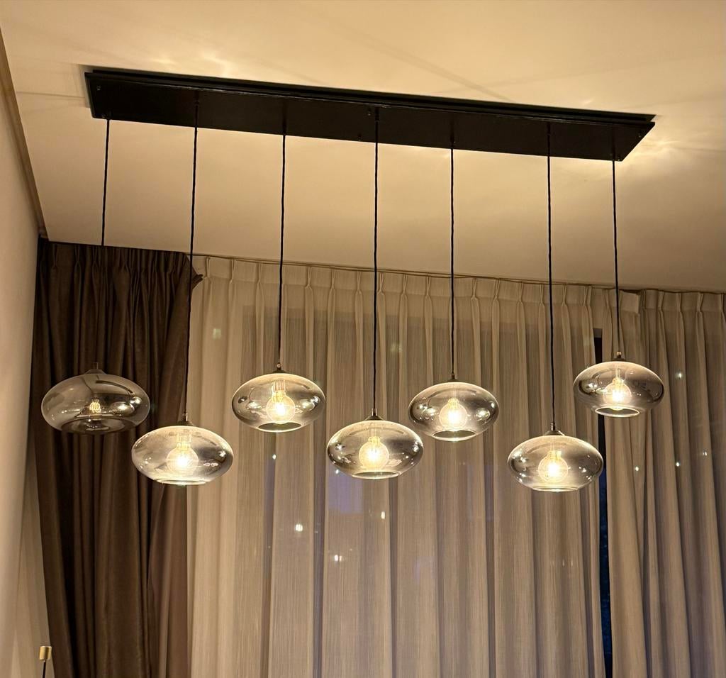 Hanglamp met 7 glazen bollen, Ophalen, Gebruikt, Glas, 75 cm of meer