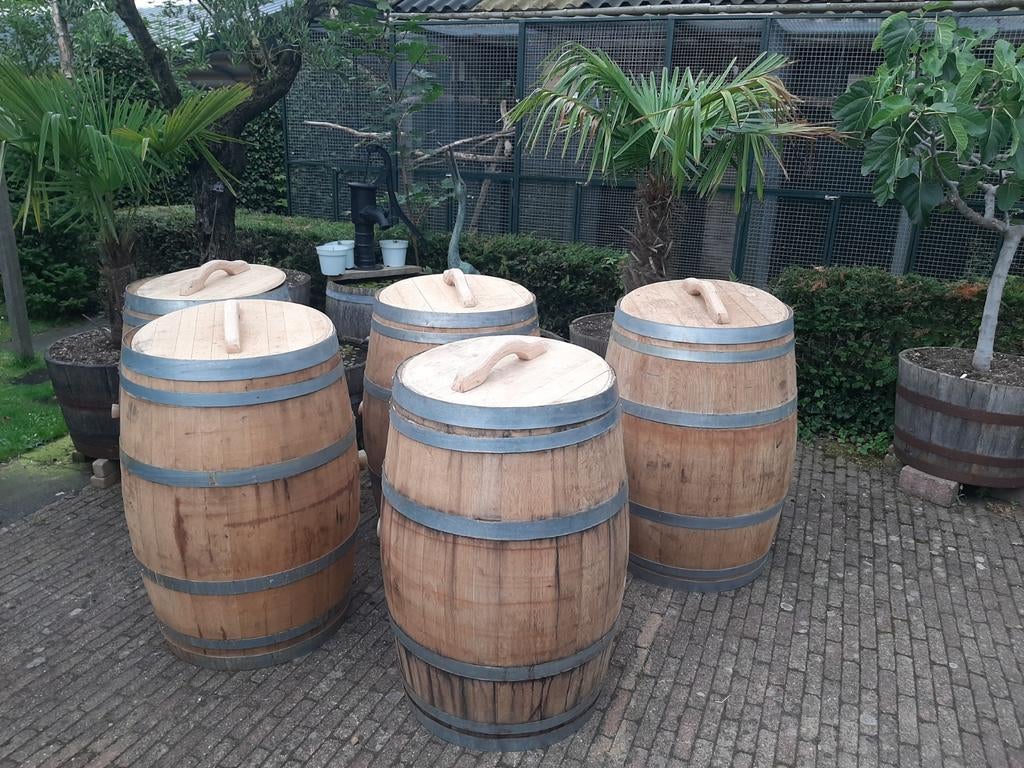 Eiken wijnvat bloembak regenton met deksel en handvat, 150 liter of meer, Ophalen, Hout